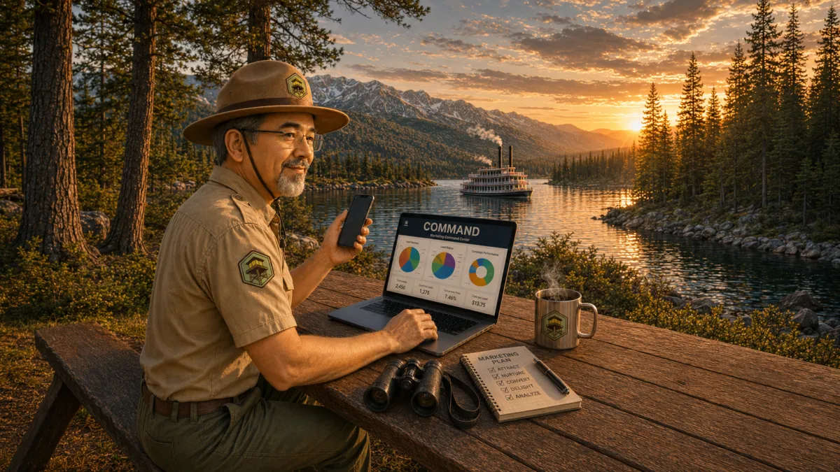 Image of ViewPoint Marketing Park Sign at base of trail , leading up to a fire watch tower on a mountain ridge.  A park ranger stands in front of the sign with a topographical map title marketing.