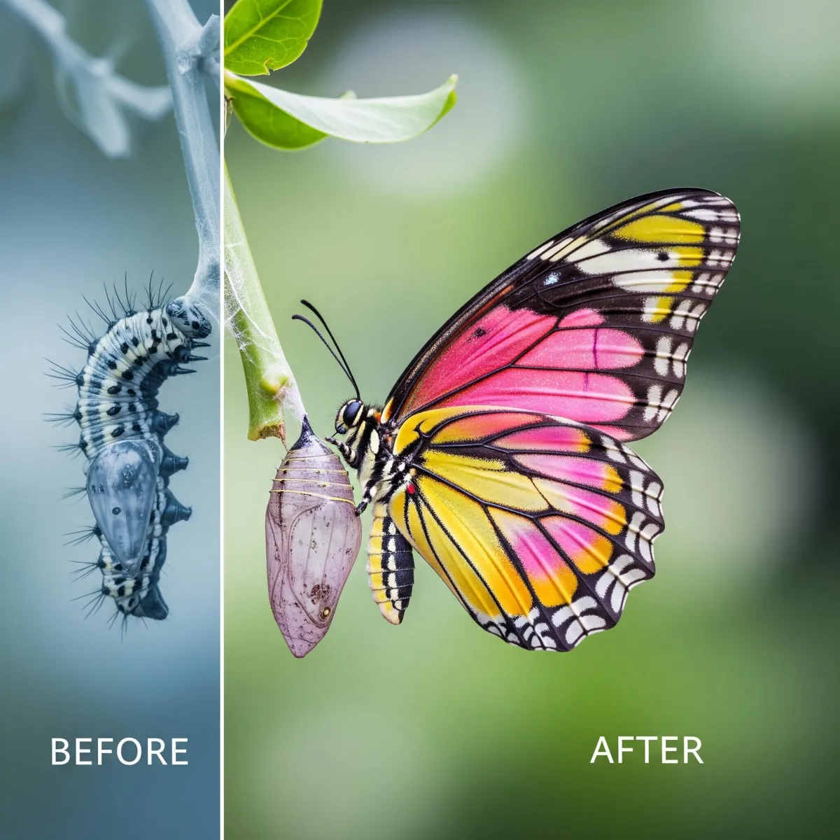 Metamorphosis from pupa to butterfly, representing transformational integration and profound change