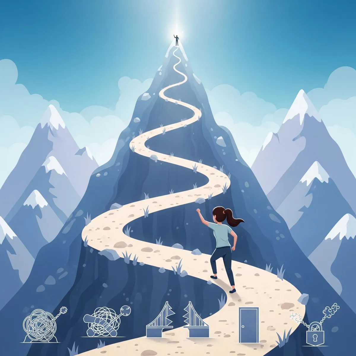Woman climbing a challenging mountain path, symbolizing alignment with a growth mindset