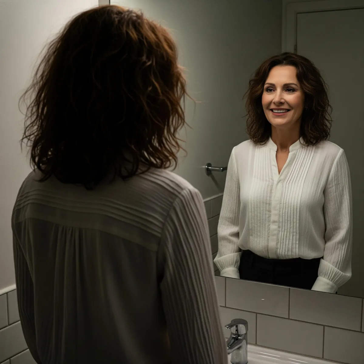 Reflection of a woman's aspirational self in a mirror, embodying the power of language that truly reflects you