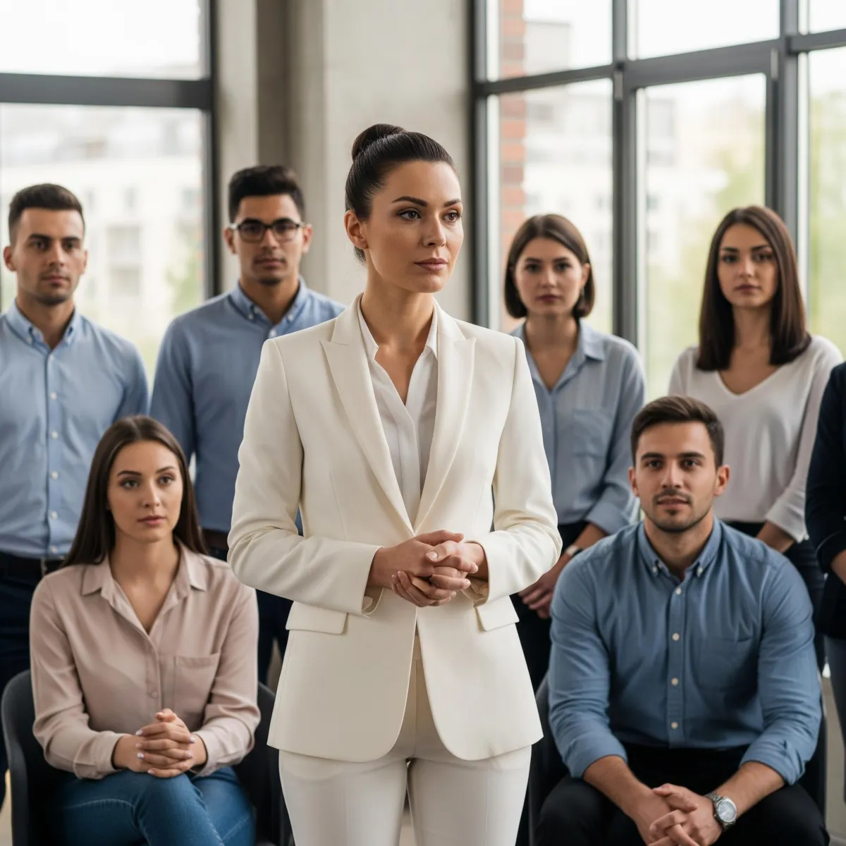 Confident female leader speaking to an audience, representing Body First Leadership for impactful presence
