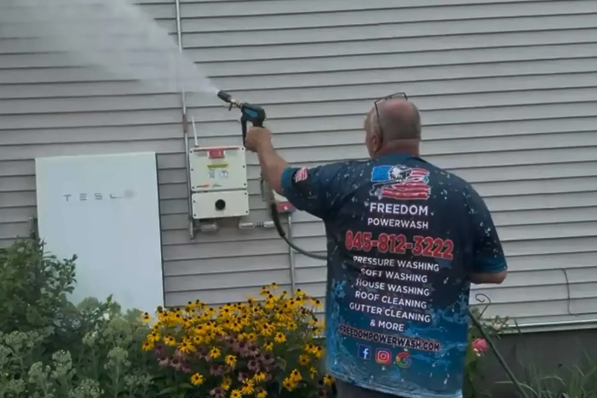Freedom Powerwash soft washing vinyl siding in Mt. Marion NY near Tesla Powerwall