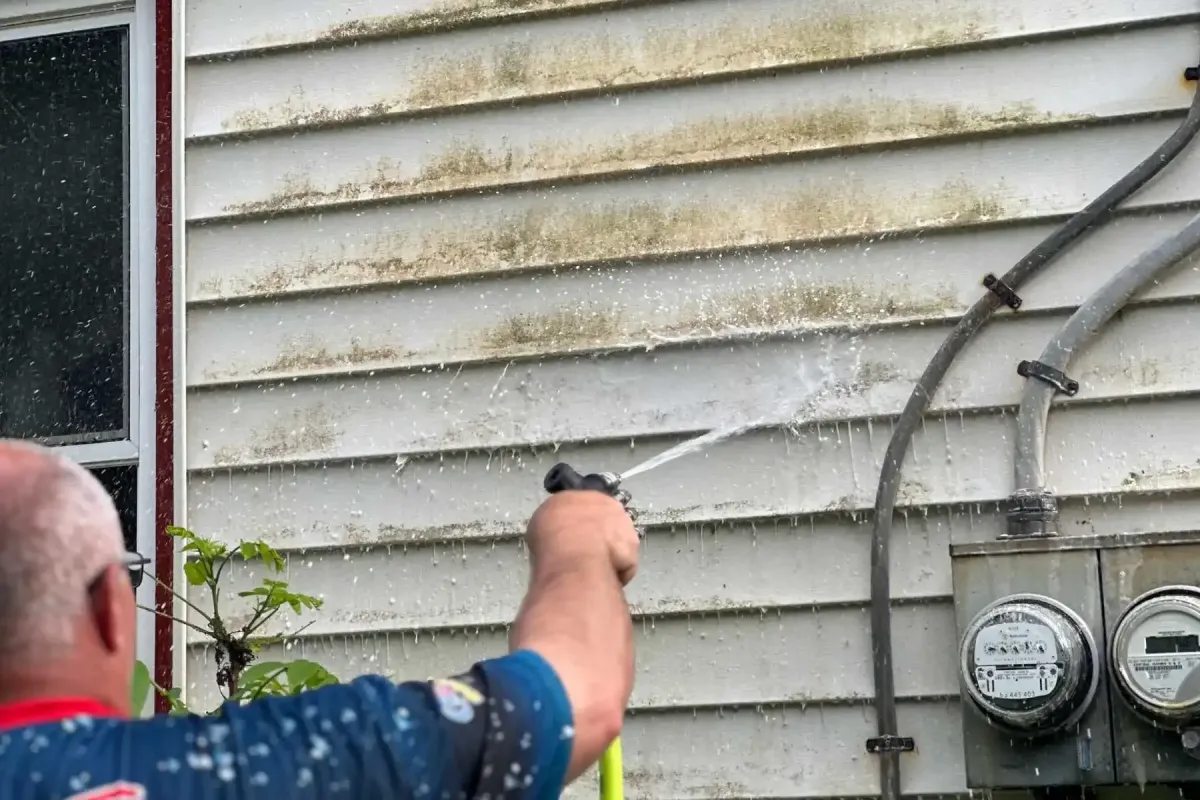 Vinyl siding cleaning in New Paltz, NY as the owner of Freedom Powerwash rinses heavy algae buildup during a soft-wash wash.