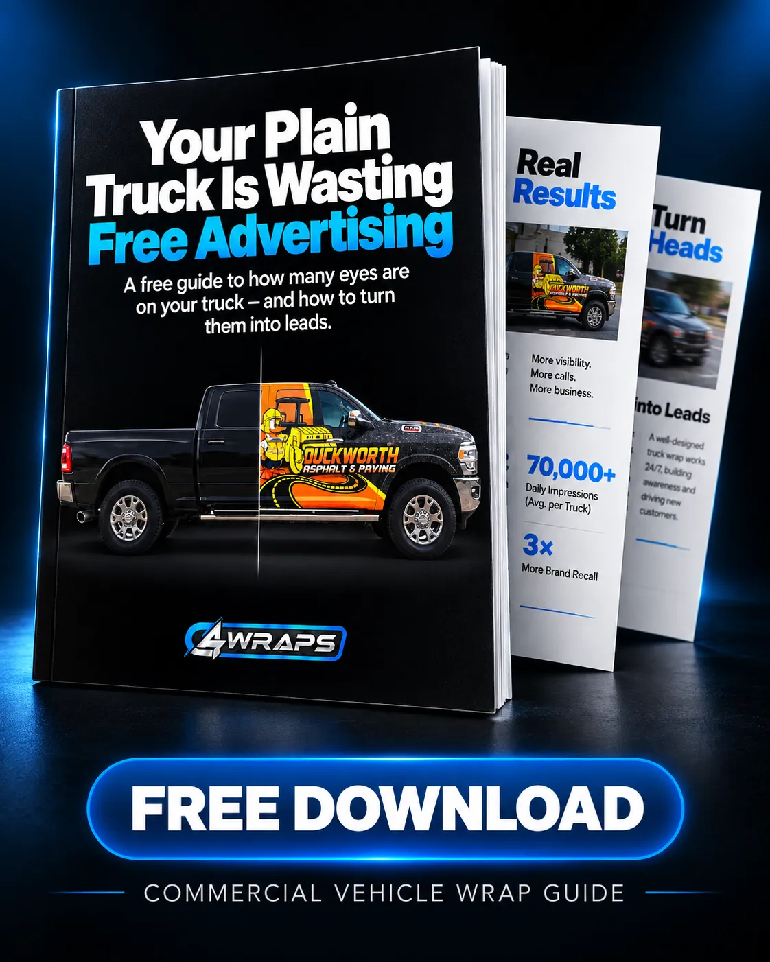 3D rendering of a book cover with floating pages detailing a vehicle wrap guide, glowing cyan background effect behind it.