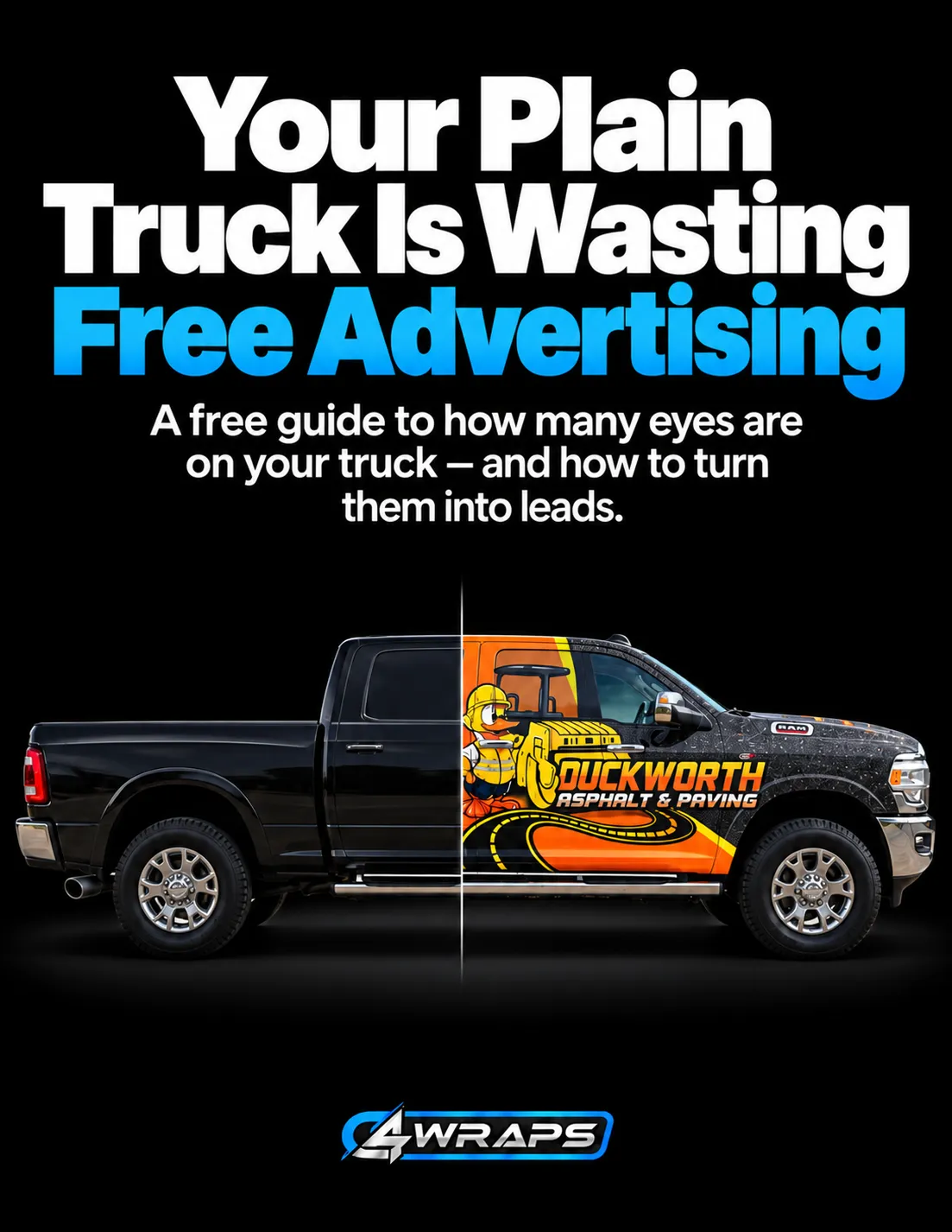 A graphic showing two trucks side-by-side in a dark environment: one plain black truck and one wrapped with custom branding.