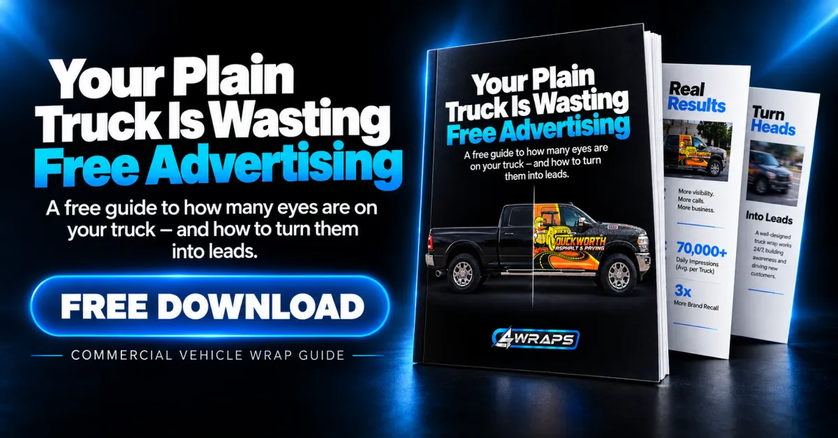 Full-width promotional banner with a 3D rendered open ebook about vehicle wraps, glowing cyan highlights.