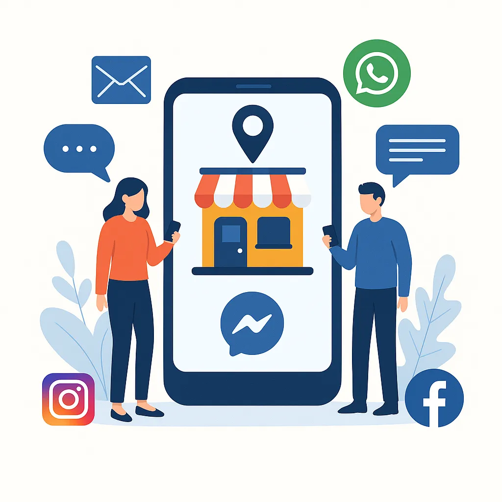 Illustration of two people using phones in front of a large smartphone displaying a storefront, surrounded by messaging app icons like WhatsApp, Instagram, Facebook, and email.