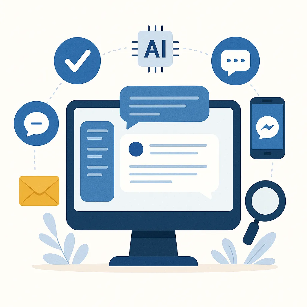 Illustration of a computer screen displaying chat messages surrounded by icons representing AI, email, live chat, notifications, and conversation tools.