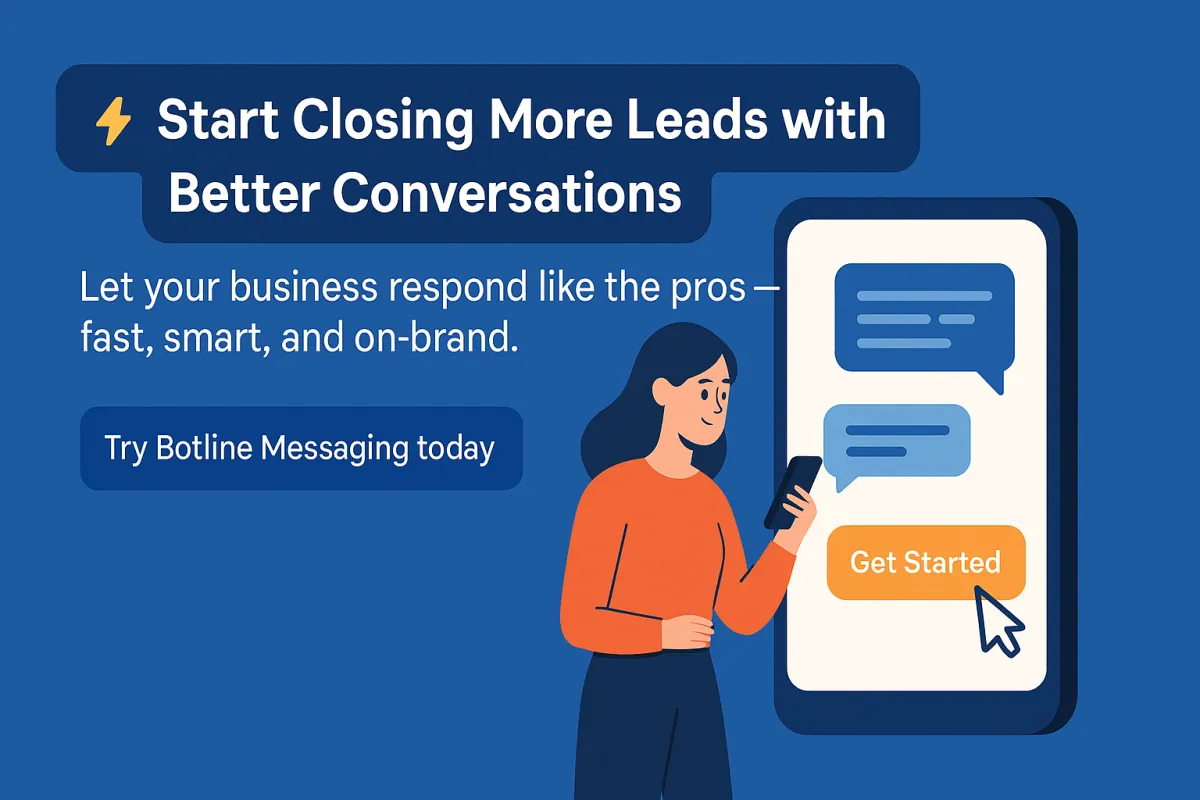 Illustration of a woman holding a smartphone next to a large mobile screen with chat bubbles and a “Get Started” button, promoting Botline messaging services.