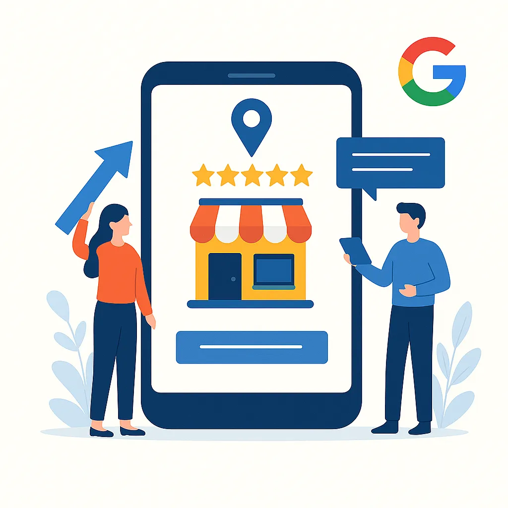 Illustration of a smartphone displaying a local business listing with a storefront icon, star ratings, and a location pin, surrounded by two people holding a tablet and an upward arrow, symbolising Google Business Profile optimisation.