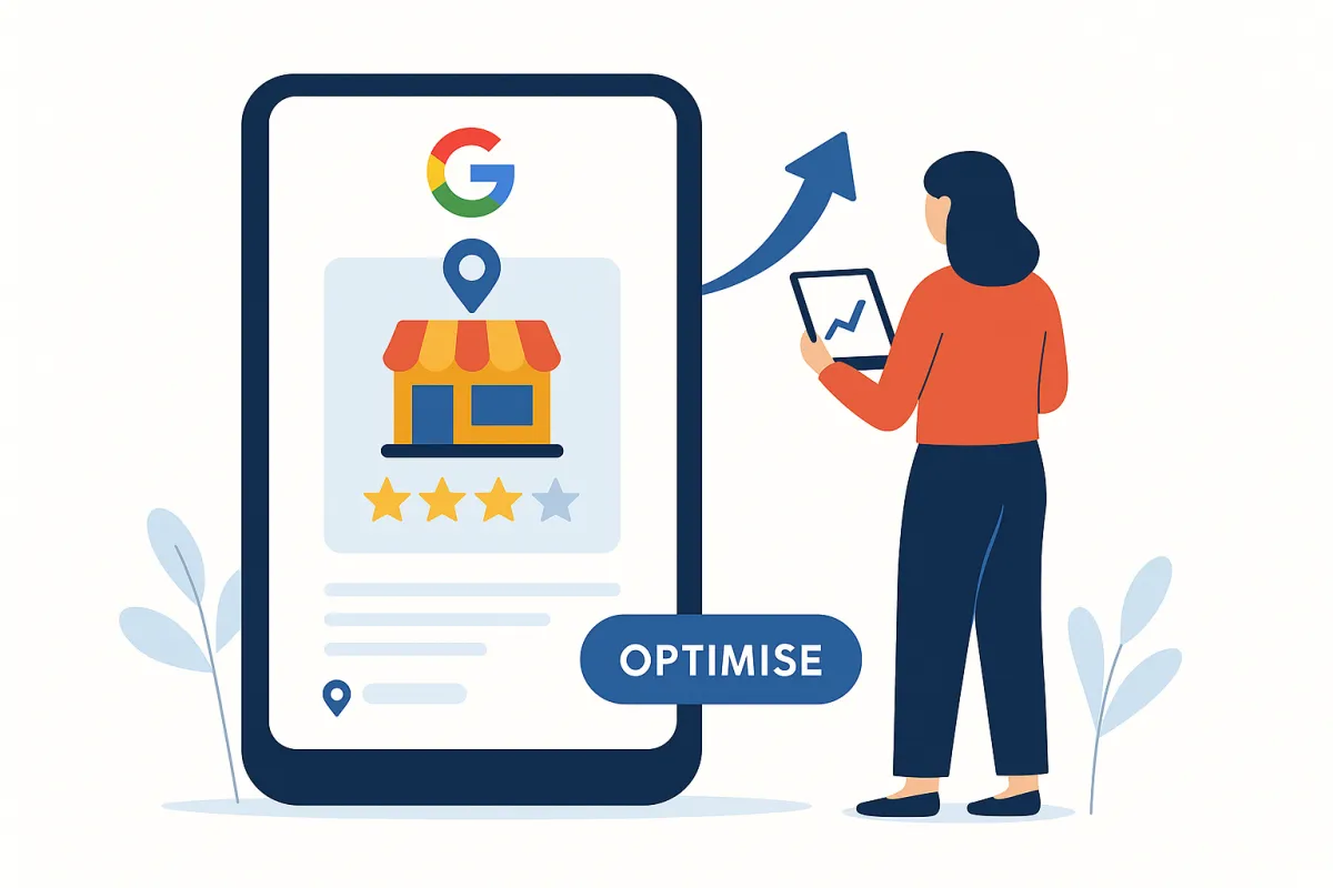 Illustration of a woman optimising a Google Business Profile on a large smartphone screen, featuring a storefront icon, star rating, and an “Optimise” button, symbolising local business profile enhancement.