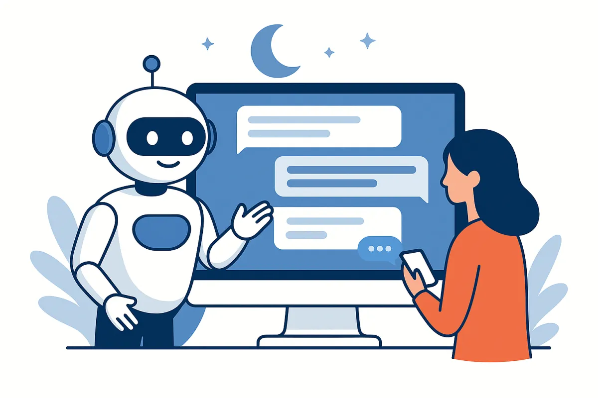 Illustration of a smiling robot chatbot interacting with a woman via a desktop computer and smartphone, symbolising 24/7 AI webchat support.