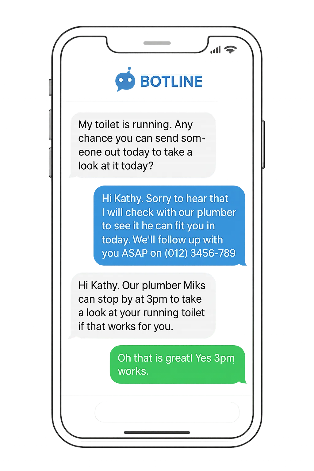 Illustration of a smartphone displaying a chat conversation between a customer and Botline support, discussing a plumbing issue with a scheduled visit confirmation. The screen includes a UK phone number and the Botline logo.