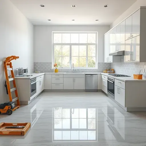 Completed sleek modern kitchen renovation with polished floors, stylish cabinetry, high-end appliances, and ample natural light.