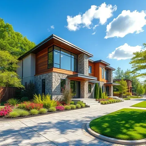 Completed modern residential project in West Deptford NJ featuring stone and wood facade, landscaped gardens, and elegant driveway.