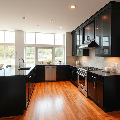 Renovated Blackwood NJ galley kitchen with matte black cabinets stainless steel accents white quartz countertops gray subway backsplash hardwood floors natural light view of backyard