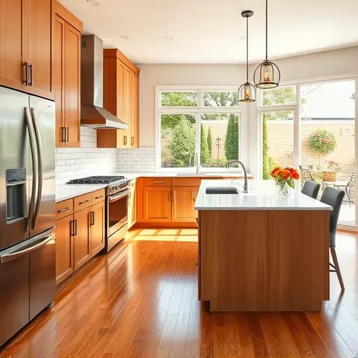 Modern Gloucester Township kitchen with sleek cabinetry quartz countertops stainless steel appliances large island hardwood floors lush backyard view