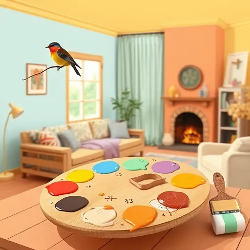 A colorful folk art-inspired scene illustrating the process of choosing the perfect paint colors for a living room. The cozy, whimsical space features walls painted in cheerful pastel blues, warm terracotta, and buttery yellows with playful brush strokes blending seamlessly, evoking handcrafted charm. In the foreground, a large wooden palette floats with vibrant paint swatches in reds, mint greens, oranges, and lavenders, each decorated with tiny doodles like stars, swirls, and smiley faces, reflecting personality and creativity. Around the palette, ornate paintbrushes and rollers rest on a rustic table, some dipped in paint, creating lively splashes that add energy to the scene. The background showcases a folk-art-style living room with quirky floral wallpaper, patterned cushions, and fluttering curtains, alongside cozy elements like plush armchairs and a roaring fireplace. A bright window floods the room with sunlight, emphasizing the transformative power of color. Playful details include a vibrant-feathered bird pecking at a paintbrush and a spotted, swirled cat playing with a paint tube, adding charm and personality. The warm, earthy color palette—terracotta, natural browns, Adriatic blues, and sunny yellows—creates an inviting atmosphere of creative, personalized interior design that celebrates the joyful journey of transforming a living space through color selection.
