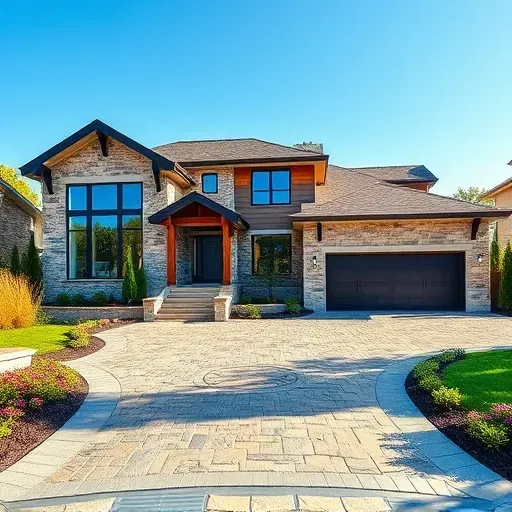 Modern house in Glendora NJ features stone and wood, large windows, landscaped yard, vibrant flowers, and two-car garage.