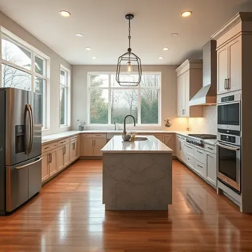 Modern commercial kitchen with sleek electrical panels, organized wiring, stainless steel surfaces, and bright natural lighting highlighting electrical upgrades