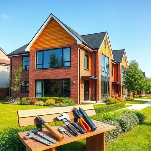 Completed General Contractor project in Pitman NJ featuring modern home with brick and wood siding, lush lawn and tools.