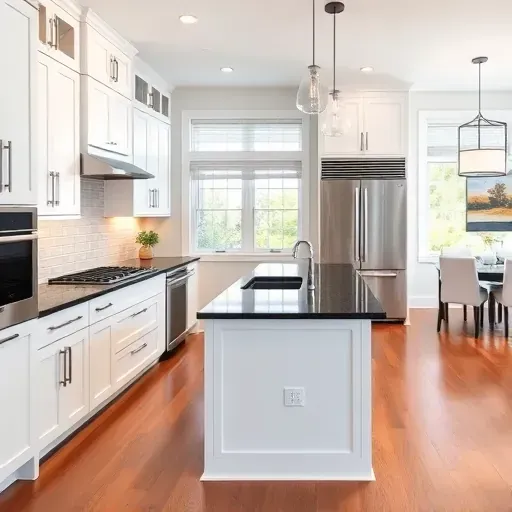 Kitchen remodeling in Blackwood NJ features white cabinetry, dark granite island, stainless steel appliances, and modern decor.