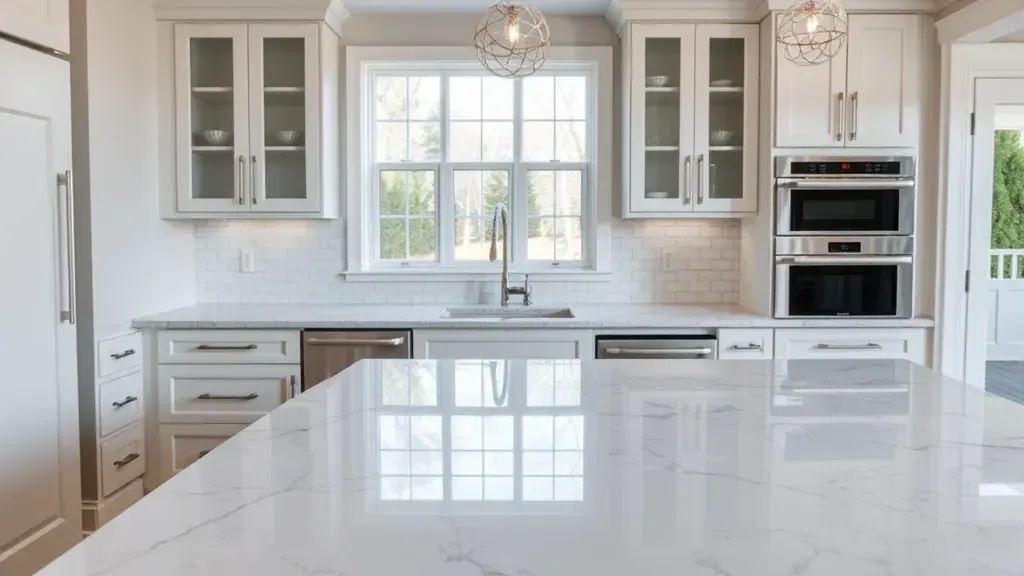 Eco-friendly modern kitchen in Blackwood NJ with reclaimed wood cabinets, green-veined quartz counters, natural light, and sustainable decor