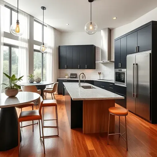 Modern kitchen remodel in Blackwood NJ with matte black cabinetry, quartz countertops, large island, and natural light.