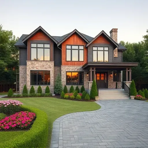 Modern home in Laurel Springs NJ showcases craftsmanship with stone and wood exterior, vibrant landscaping, and clear dawn sky.