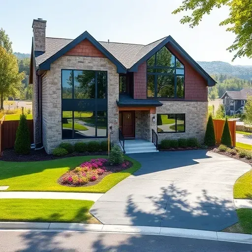 Completed modern home in Glassboro NJ with natural stone, wood finishes, and beautiful landscaping in a serene neighborhood.