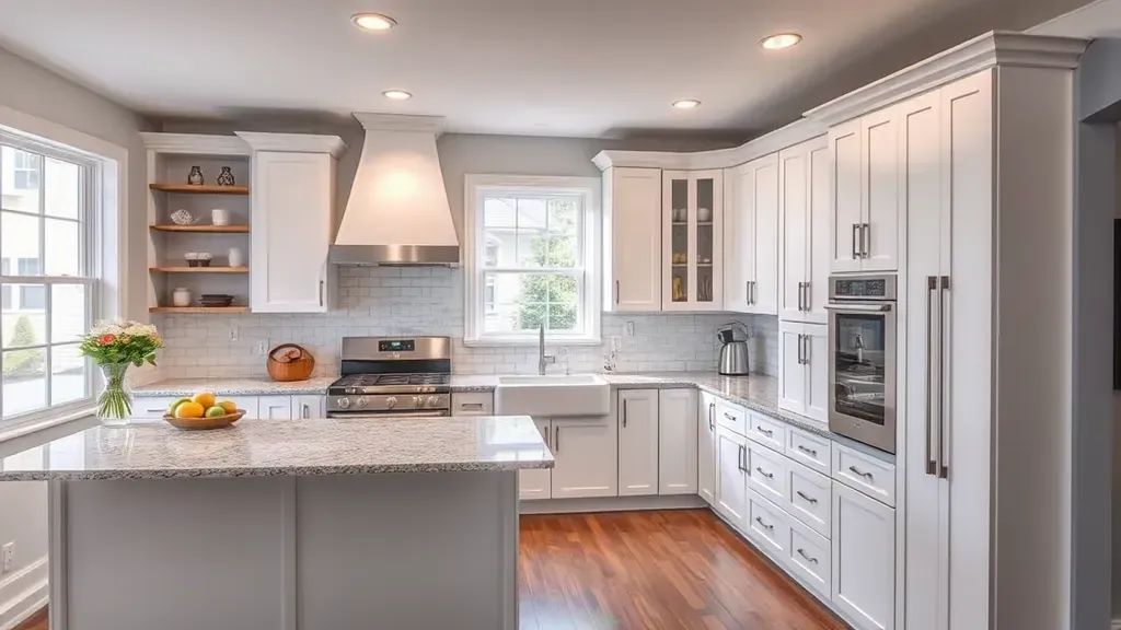 Renovated farmhouse kitchen in Blackwood NJ with warm tones, shaker cabinets, granite island, rustic details, and bright natural light