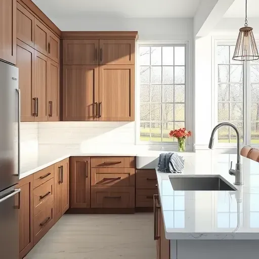 Modern kitchen in Blackwood NJ featuring stainless steel refrigerator, built-in microwave, glass cooktop, range hood, marble countertops, minimalist cabinetry, hardwood flooring, and natural light.