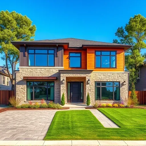 Modern two-story home in Berlin Township NJ with stone and wood facade, colorful landscaping, and bright blue sky.