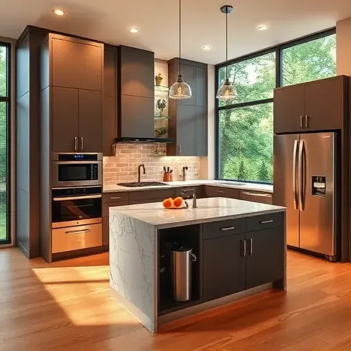 Modern Gloucester Township kitchen with sleek cabinetry granite island stainless appliances subway tile backsplash hardwood flooring and natural light