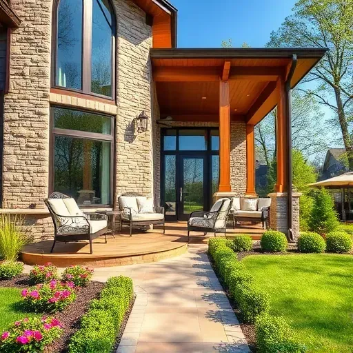 Completed residential home in Turnersville NJ featuring stone and wood finishes, large windows, and vibrant landscaping.