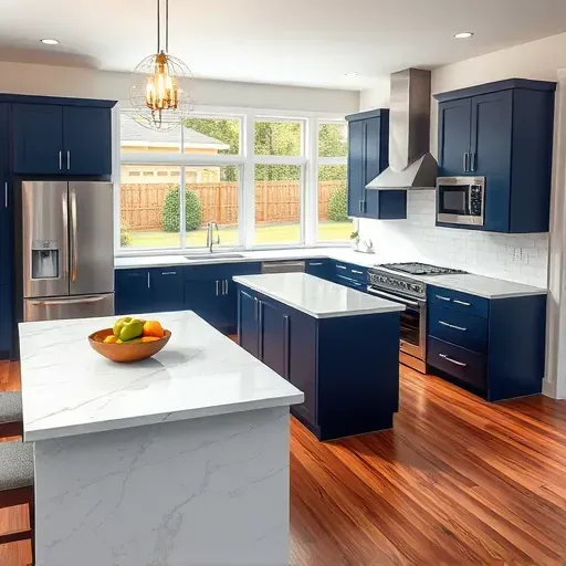 Modern blackwood kitchen with navy blue cabinets quartz countertops stainless appliances and backyard view