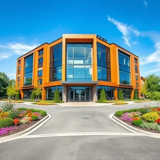 Completed contractor project in Woodbury NJ features a modern multi-story building with wood accents and landscaped entrance.