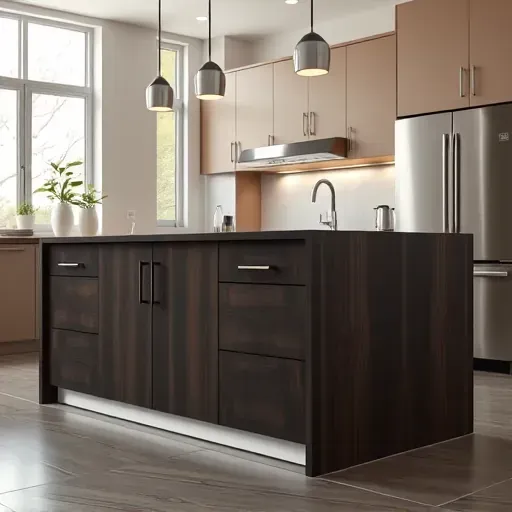 Pristine blackwood kitchen island in a modern high-end kitchen with sleek appliances, natural light, and stylish decor