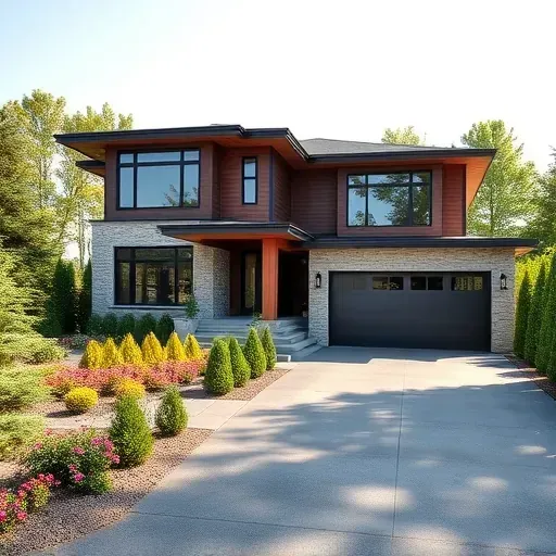 Modern residential home in Barrington NJ with stone and wood exterior, vibrant gardens, and spacious garage.