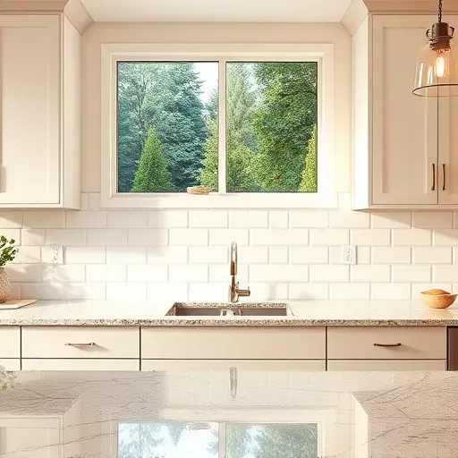 Finished white subway tile backsplash in a modern kitchen with granite countertops and large windows in Blackwood New Jersey