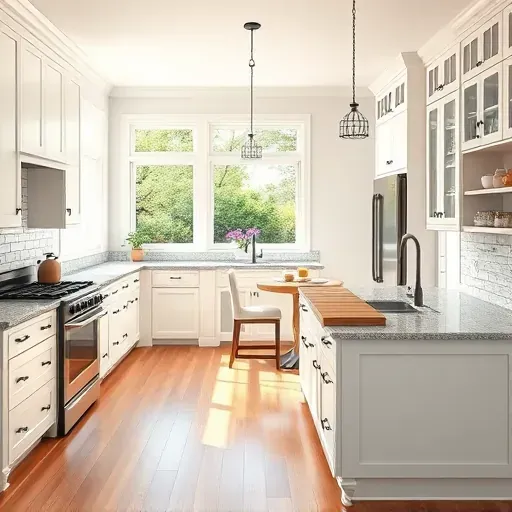 Luxury Blackwood NJ kitchen with high-gloss white cabinets quartz island stainless steel appliances warm hardwood floors bright open space