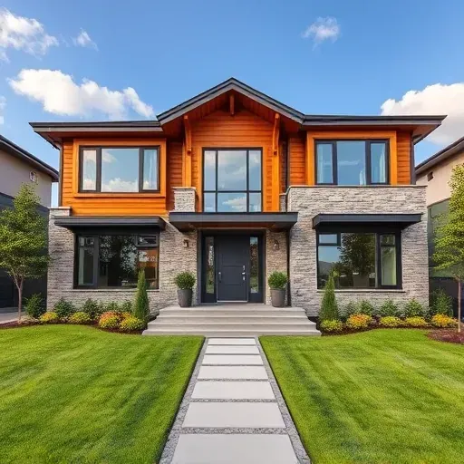 Completed residential project in Glendora NJ featuring modern wood and stone design, large windows, and vibrant landscaping.