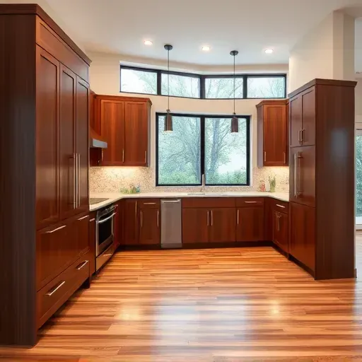 Newly installed modern black wood kitchen cabinets with granite countertops, LED lighting, hardwood floors, and natural light in Blackwood NJ