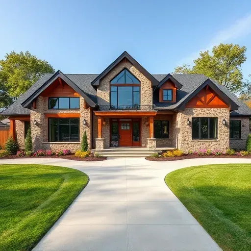 Completed modern home in Mantua NJ with natural stone facade, wooden accents, large windows, and vibrant landscaping.