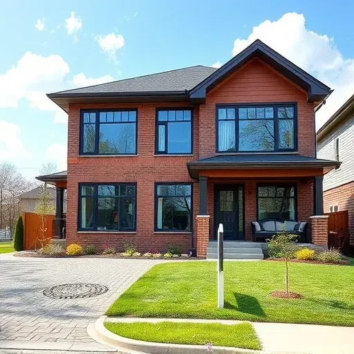 Completed modern home in Pitman NJ showcasing brick and wood architecture, lush landscaping, and stylish porch.