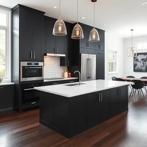 Modern Blackwood NJ kitchen remodel with matte black cabinetry, marble island, and upscale appliances in an open-concept design.