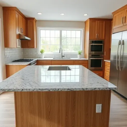 Beautiful modern kitchen in Blackwood NJ with a polished granite countertop featuring deep gray and white veining, oak cabinets, stainless steel appliances, and natural daylight.