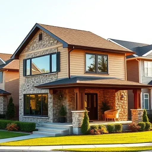 Modern two-story family home in Glassboro NJ with stone and wood exterior, large windows, and inviting porch.