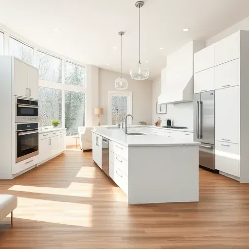 Modern open-concept kitchen with matte cabinets stainless steel appliances marble island hardwood floors and natural sunlight
