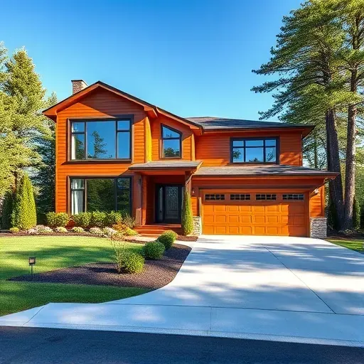 Modern residential home in Laurel Springs NJ with wooden exterior, large windows, landscaped yard, and clear blue sky.